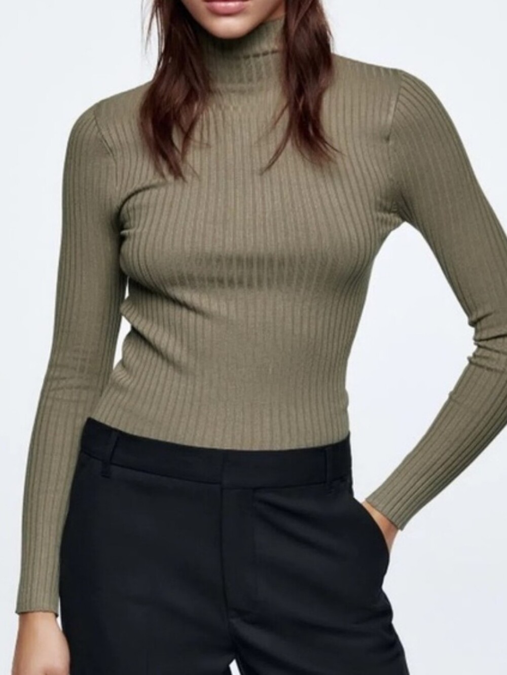 ZARA ribbed olive green slim fit turtleneck lightweight sweater